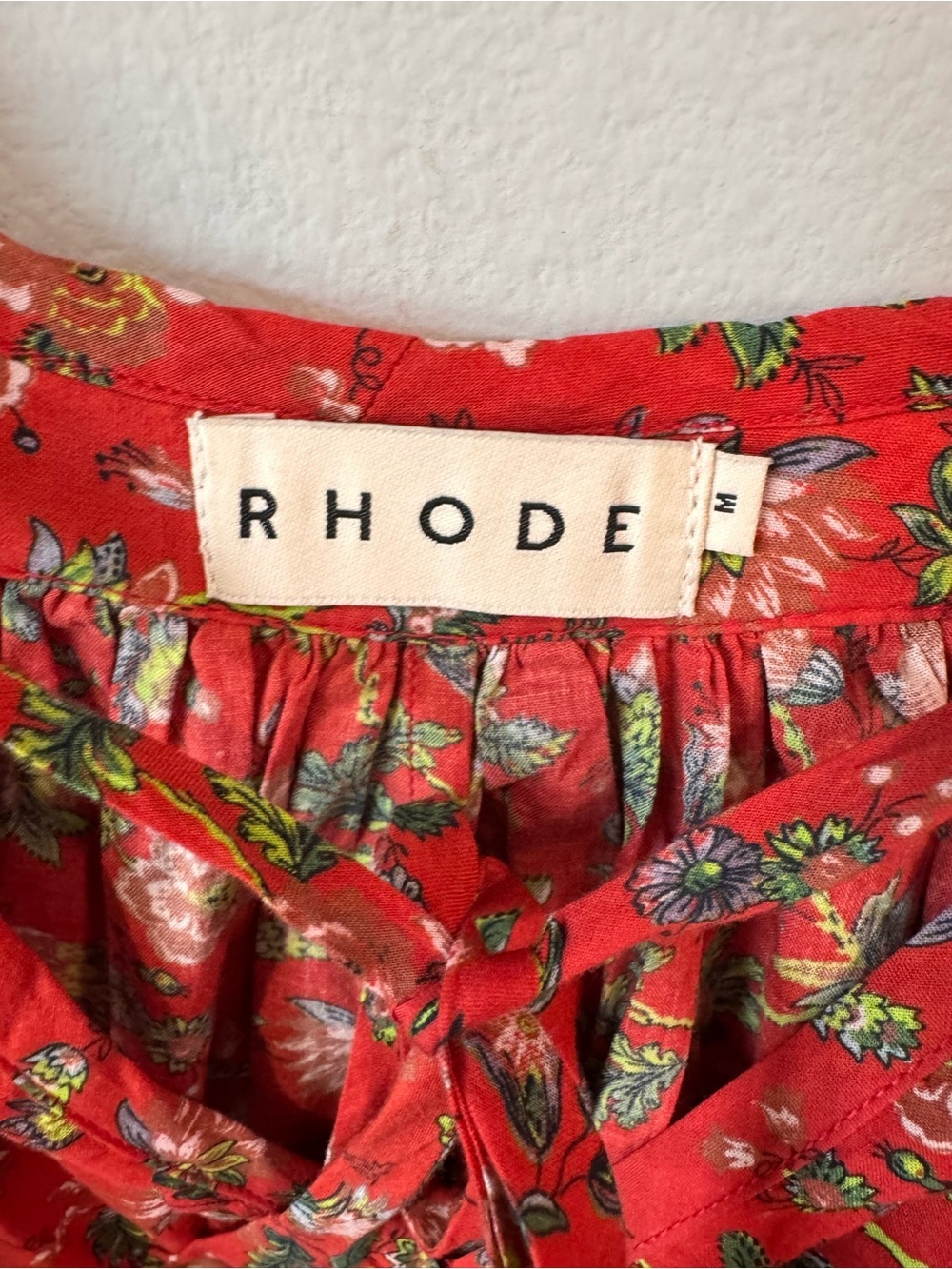 RHODE Red Floral Peasant Blouse with Tie Neck Size M - Picture 3 of 8